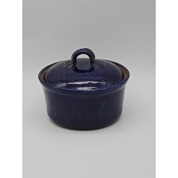 Vintage Stoneware Speckled Cobalt Blue Hand Made Sugar Bowl Signed by Artist - Picture 1 of 10